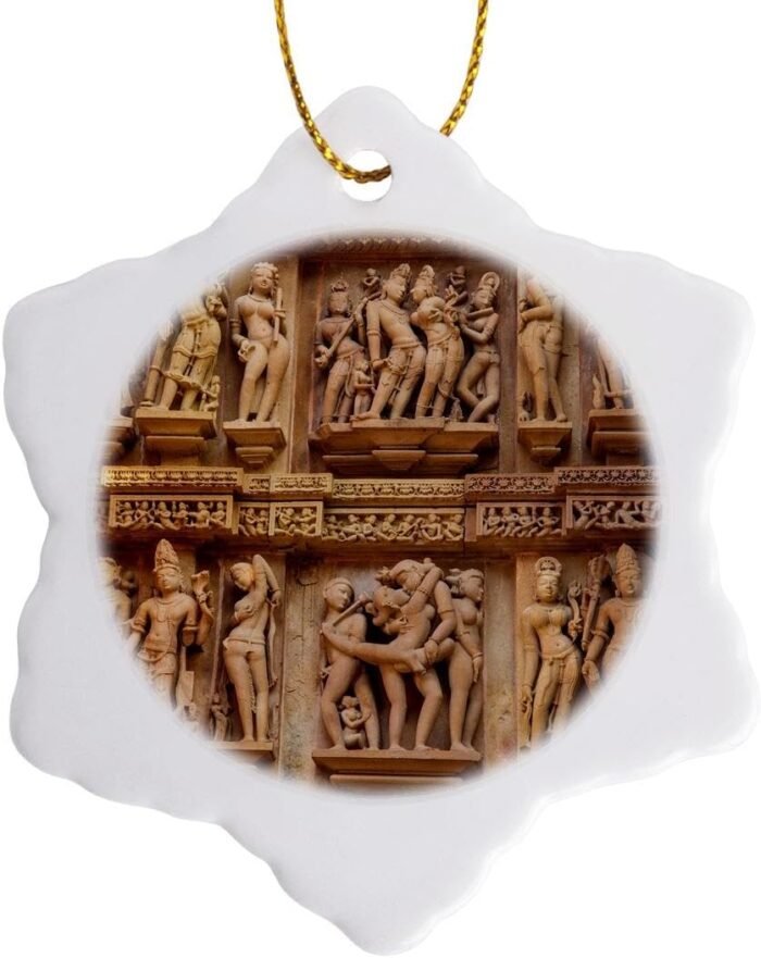 3 inch Snowflake Porcelain Ornament - Erotic carvings of Khajuraho, Madhya Pradesh, India. Temples