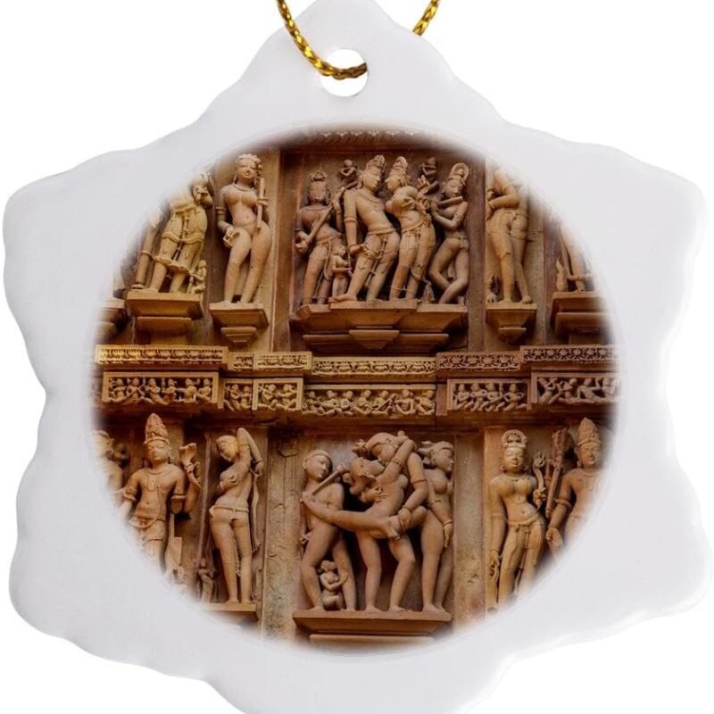 3 inch Snowflake Porcelain Ornament - Erotic carvings of Khajuraho, Madhya Pradesh, India. Temples