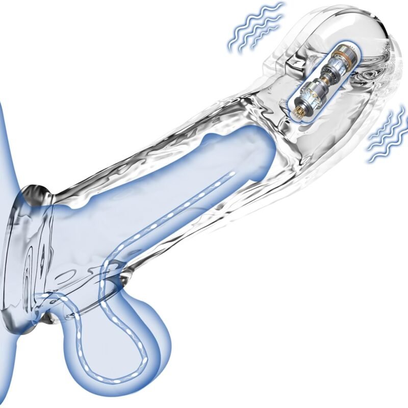 Penis Sleeve Vibrating Cock Ring, Male Vibrator Reusable 3" Penis Extender Enlarger with Penis Ring Vibrator, Realistic Cock Sleeve Adult Sex Toy for Men Couples (Clear)