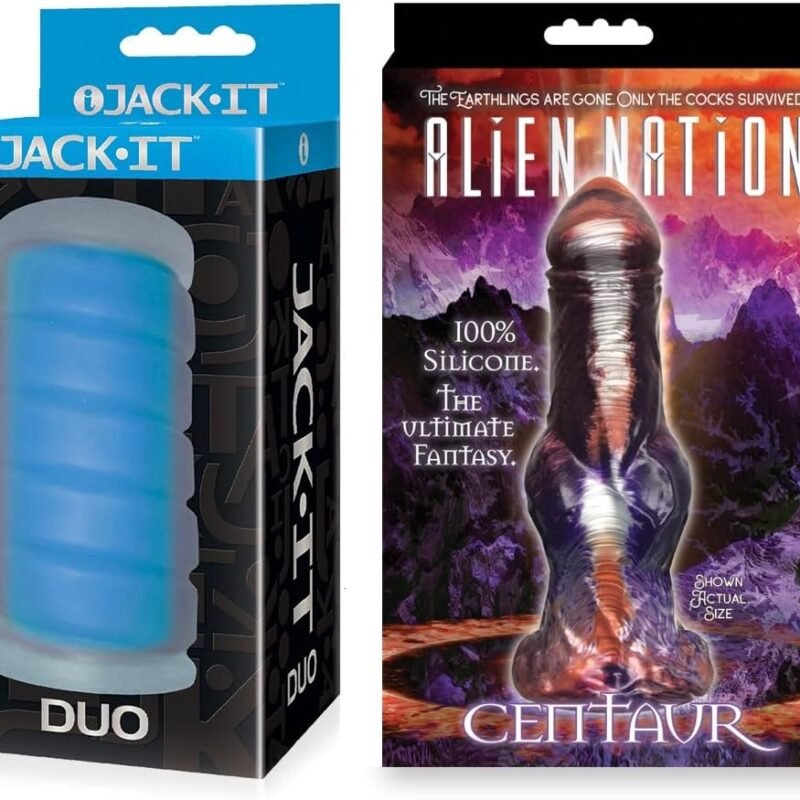 Couples Sex Toy Bundle of Jack-It Duo, Sky Blue and Icon Brands Alien Nation Centaur Silicone Creature Dildo - Copper