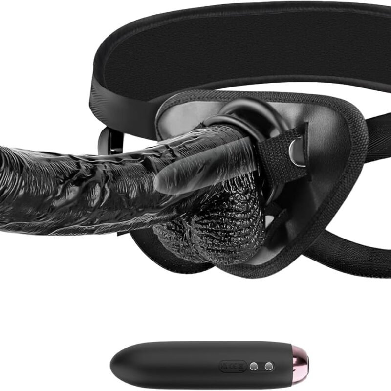 Strap-on Realistic Vibrating Dildo Wearable Harness with Bullet Vibrator, Detachable Silicone G Spot Stimulator, Vagina Massager Female Masturbator Sex Toys for Women Lesbian Couple (Black)