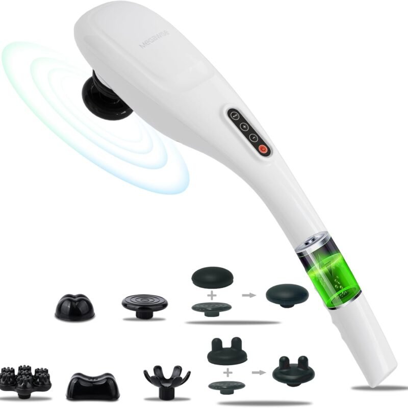 MEGAWISE Cordless Handheld Back Massager w/Rechargeable 3200mAh Battery, 5 Speed and 5 +2 Massage Nodes with Hard, Medium and 2 Soft Silicone Nodes; Massage While Moving Around (Pearl White)