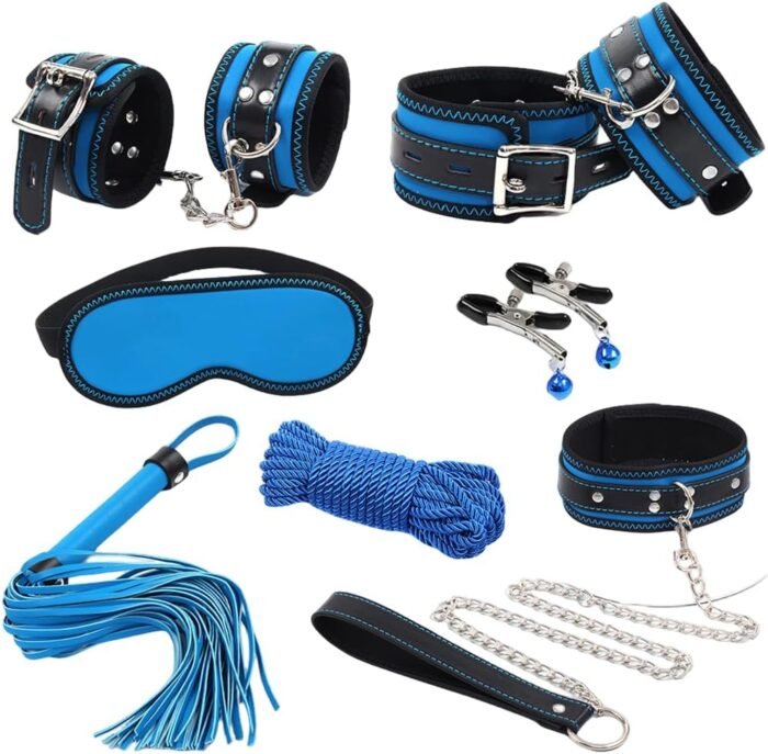 BDSM Sex Bondage Kit Restraints, 7 Pcs Sex Toys Kit for Bondaged Restraints with Handcuffs Sex Blindfold Whip Nipple Clamps Adult Games Sex Toys for Men Women Couples Blue