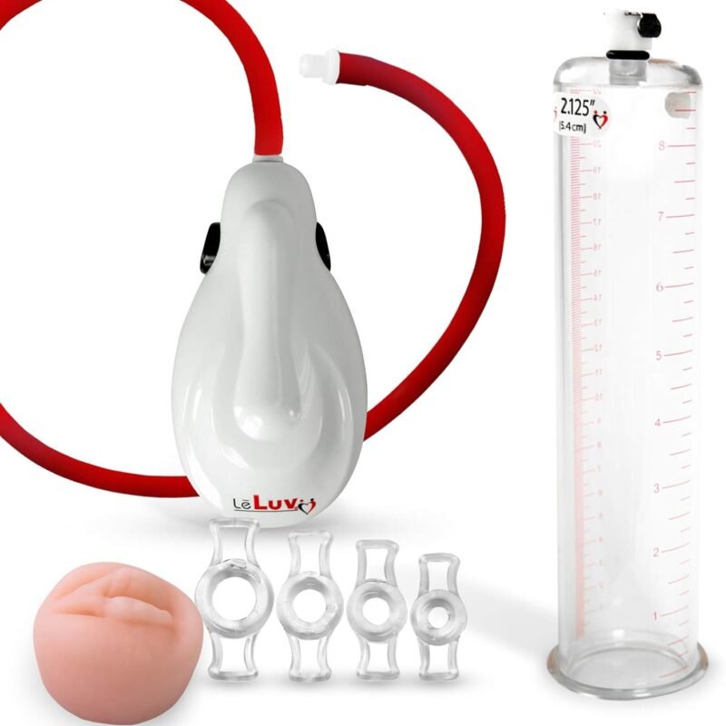 LeLuv White eGrip Electric Handheld Penis Pump Bundle with Premium Uncollapsible Hose, Soft Donut Seal and Constriction Ring Sampler 9 Inch Length x 2.95 Inch Diameter Cylinder