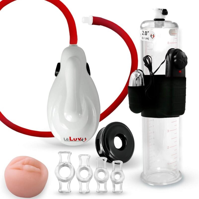 LeLuv White eGrip Electric Handheld Penis Pump Bundle with Premium Silicone Hose, Donut Seal, TPR Seal and Constriction Ring Sampler Vibrating 9 Inch Length x 2.00 Inch Diameter Cylinder