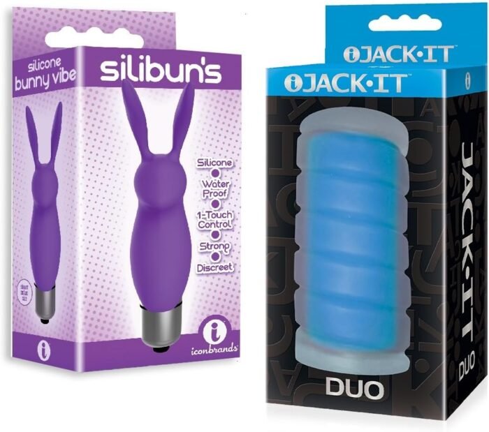 Sex Toy Couples kit of Silibuns, Silicone Bunny Bullet, Purple and Icon Brands Jack-It Duo, Sky Blue