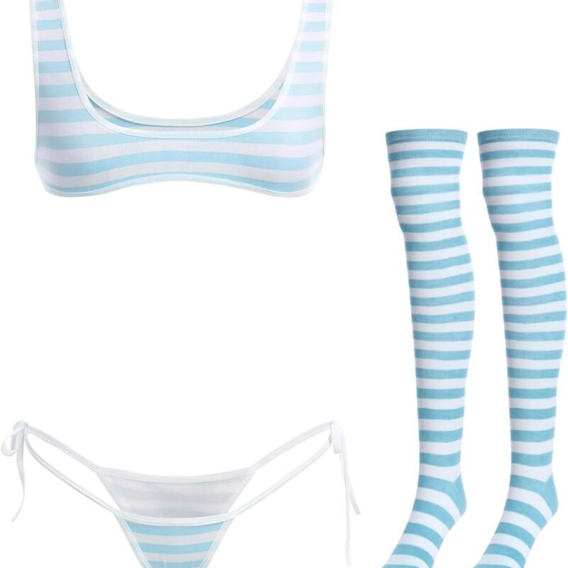 ABAFIP Women Cute Kawaii Anime Lingerie set Halter Strap Micro Bra Tiny Panty Garter Belt Striped Stockings 4Pcs Underwear