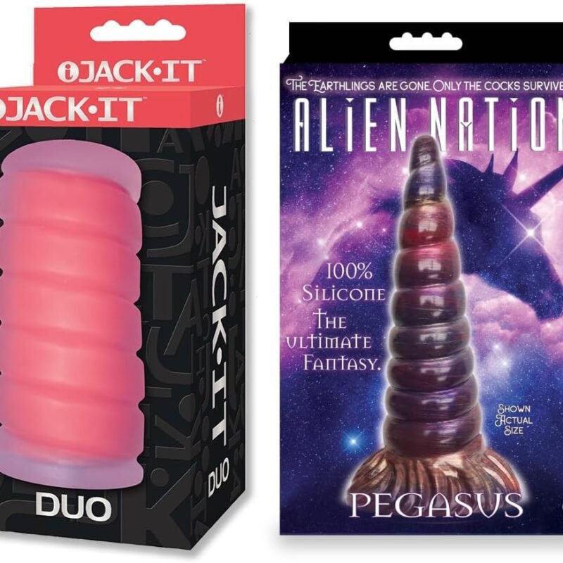 Couples Sex Toy Bundle of Jack-It Duo, Cherry and Icon Brands Alien Nation Pegasus Silicone Creature Dildo - Copper