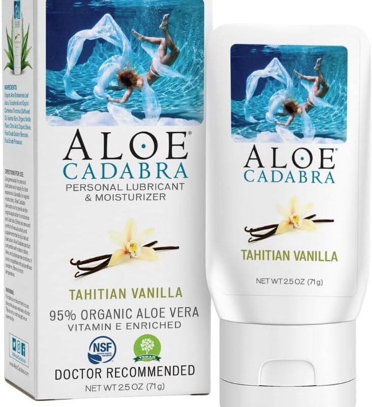 Aloe Cadabra Flavored Personal Lubricant and Vaginal Moisturizer, Organic Edible Aloe Lube for Men, Women and Couples, Non-Staining, pH Balanced, Toy Compatible (Tahitian Vanilla, 2.5 Ounces, 1 Pack)