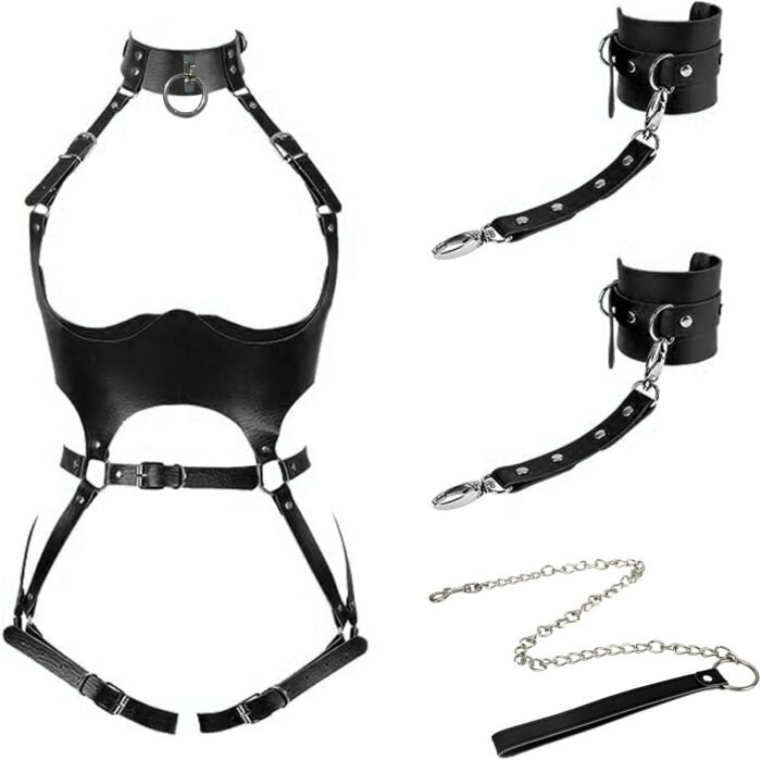 Sex Bondage BDSM Kit Restraints Set, Adjustable Restraint Harness Kit with Leash Wrist Cuffs and Waist Garter Belt Full Body Harness - Image 2