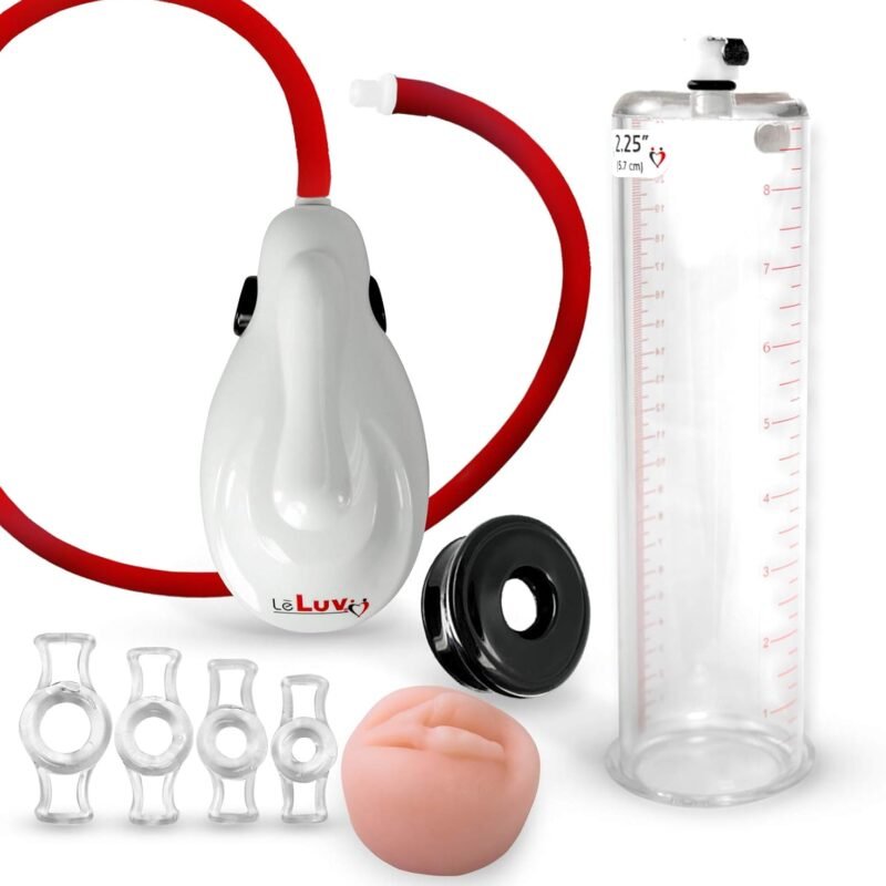 LeLuv White eGrip Electric Handheld Penis Pump Bundle with Premium Uncollapsible Hose, Soft Donut Seal, TPR Seal and Constriction Ring Sampler 9 Inch Length x 2.25 Inch Diameter Cylinder