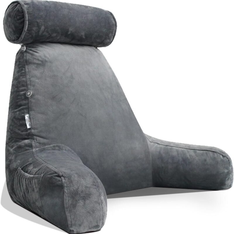 Extra Large Reading Pillow for Sitting in Bed Adult with Detachable Neck Support Cushion & Backrest Pillow for Bed with Arms and Side Pocket Shredded Foam Back Pillow with Washable Cover