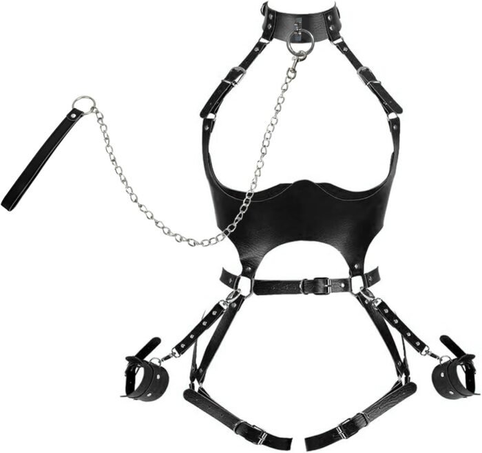 Sex Bondage BDSM Kit Restraints Set, Adjustable Restraint Harness Kit with Leash Wrist Cuffs and Waist Garter Belt Full Body Harness