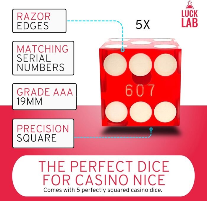 Luck Lab Grade AAA 19mm Casino Dice with Razor Edges and Matching Serial Numbers Set of 5 and Leather Dice Case (Red) - Image 4