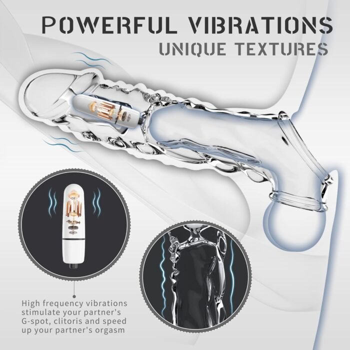 Large Reusable Penis Sleeve with Vibrator Ring,3.8 inch Clear Cock Ring Extender Ultra-Soft Enlarger for Couples Vibrating Dildo Sex Toys Men - Image 3