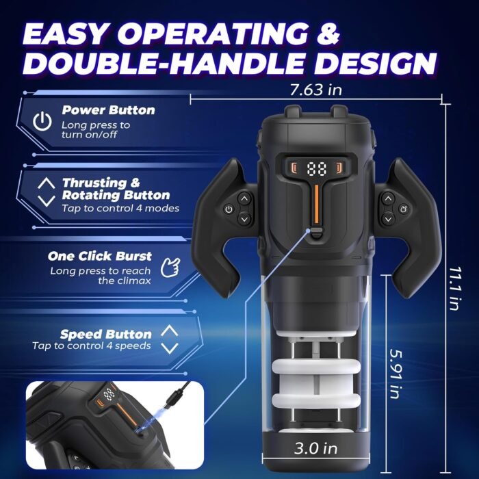 Thrusting and Rotating Male Masturbator - Unique Male Sex Toys Thrusting on Shaft Rotating on Glans for 4 Speeds, Sex Toys for Men with Handles & Digital Display & One-Click Burst, Sergeant Major - Image 7