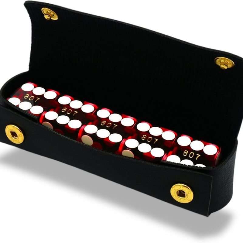 Luck Lab Grade AAA 19mm Casino Dice with Razor Edges and Matching Serial Numbers Set of 5 and Leather Dice Case (Red)