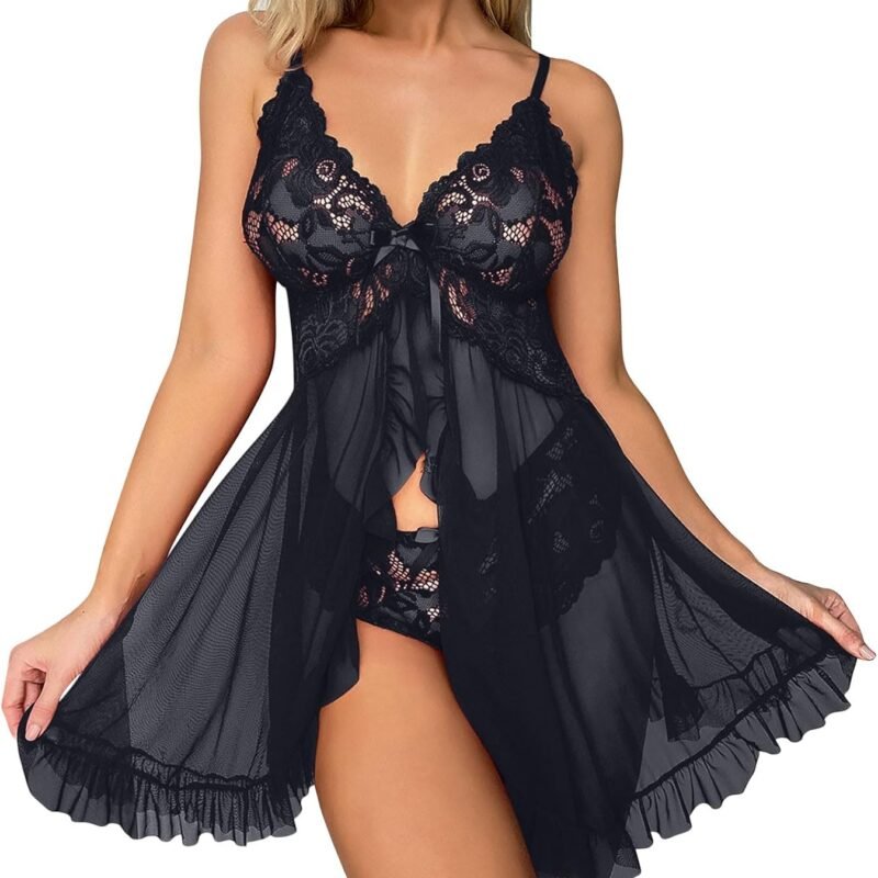Babydoll Lingerie for Women Sexy Hot Lace Mesh Chemise Front Closure Nightdress Pajama Dress with Push Up Bra