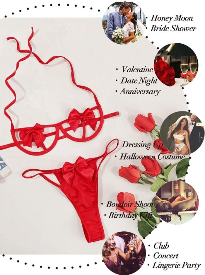 Kaei&Shi Present Bow Lingerie,Christmas Holiday Bra And Panty Set,Sexy Valentines Lingerie Sets Birthday Anniversary Boudoir - Image 3