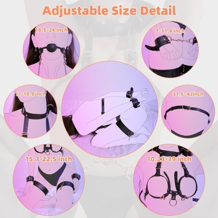BDSM Kit Sex Breast Bondage Restraints, Upgrade 5 In 1 Detachable Wrist & Thigh Cuffs Neck to Thigh with Ball Gag Nipple Clamps, Adjustable Bed Restraints Sexy Harness,SM Game Sex toy for Women Couple - Image 3