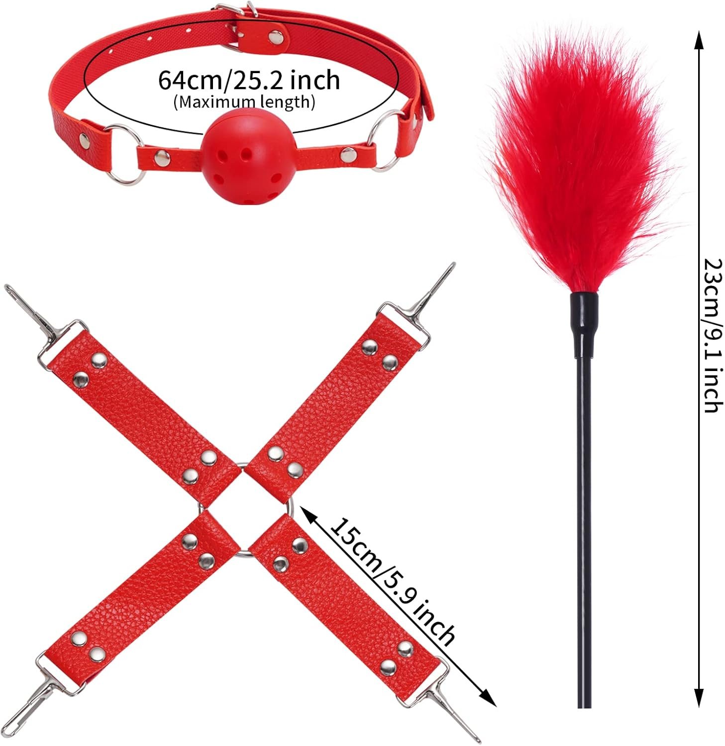 15Pcs Bondage Restraints Sex Toys Adult Games Kit SM Fetish Bed Restraints Set for Beginners Cuffs Blindfold Spanking Nipple Clamps Flogger Ball Gag Paddle Rope Anal Toys Red - Image 3