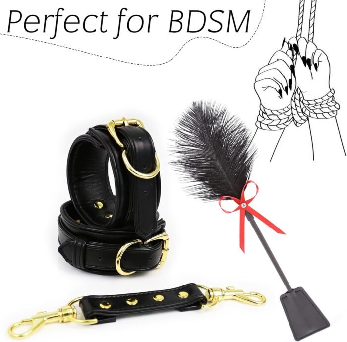 Spanking Sex Feather Tickler with Handcuffs Leather Wrist Cuffs Cuff Sex Whip BDSM Bondage Accessories Sexual Handcuff Restraints Fetish Adult SM Play for Couple Women Men - Image 3