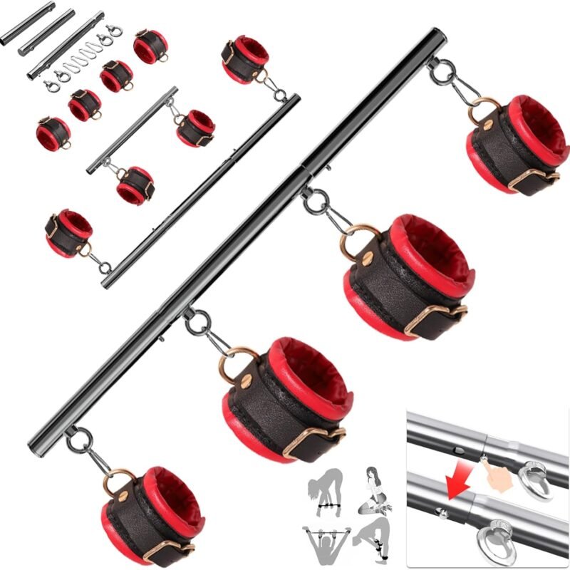 BDSM Bondage Restraints with Handcuffs Ankle Cuffs for Couples Spreader Bar Sex Toys Bondage Gear & Accessories Adjustable Bondage Kit Adult Sex Toys & Games (Red)