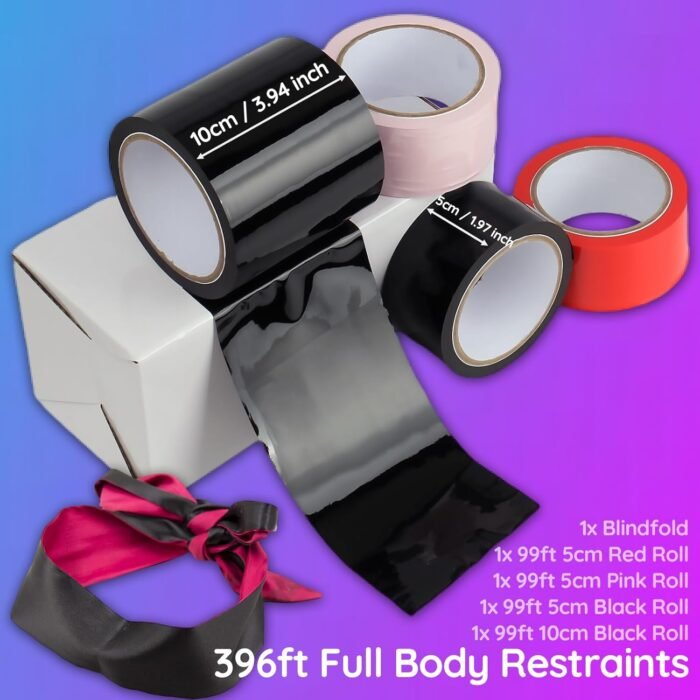 396ft Bondage Tape Electrostatic Sex Tape with Blindfold, 98ft*4Rolls Bondage Restraints Tape for BDSM Games, PVC Tapes for Couples Play (Width: 3.94" x 1Roll + 1.97" x 3Rolls) - Image 5