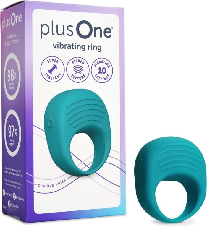 plusOne Vibrating Ring for Couples or Individuals, Body-Safe Silicone, Waterproof, USB Rechargeable, Massager with 10 Vibration Settings, Teal