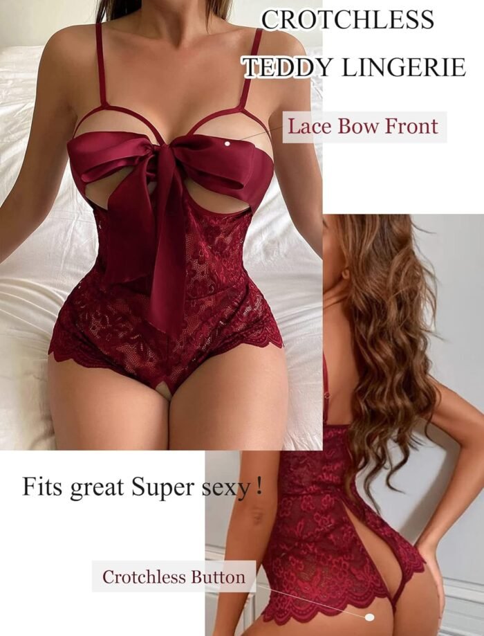 Women Teddy Lingerie Floral Lace Bodysuit Bow Front One Piece Babydoll Mini Bodysuit S-XXL - Image 2