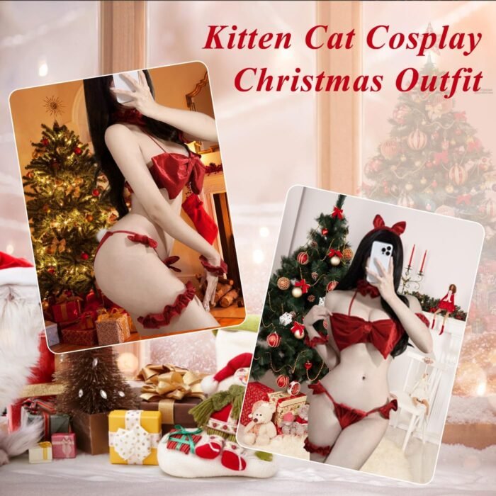 Women Christmas Cosplay Outfit Cute Bow Bra and Panty Set Velvet Sexy Santa Babydoll Lingerie Self Tie Strappy Bikini - Image 3