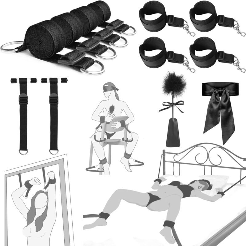 Sex Toys BDSM Bondage Restraints Hogtie Set, 4 Adjustable Bed Restraints Door Hanging Swing Sex Straps Kit with Handcuffs Blindfold Tickler, Bondage Gear & Accessories for Adult Couples Sex Games