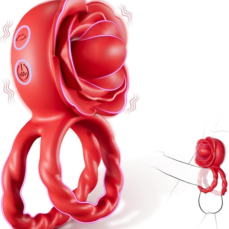 Vibrating Cock Ring Penis Vibrator - Adult Rose Toy Penis Ring with 10 Vibrating & 10 Tongue Licking for Male Training & Female Clitoral Oral Sex Stimulation, Adult Sex Toys & Games for Men and Women