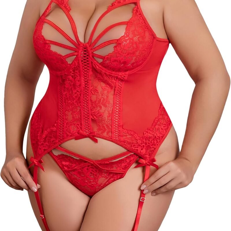 Donnalla Plus Size Lingerie for Curvy Women Sexy Lace Corset and Panty Outfits Garter Lingerie Sets L-4XL