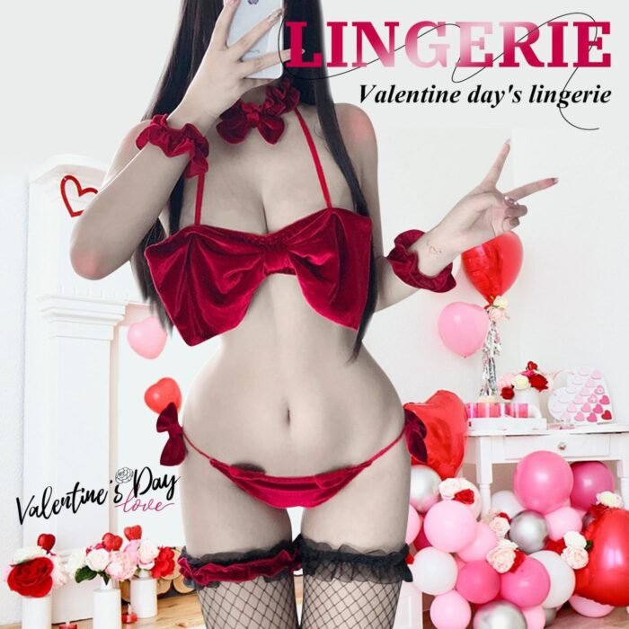 Women Christmas Cosplay Outfit Cute Bow Bra and Panty Set Velvet Sexy Santa Babydoll Lingerie Self Tie Strappy Bikini - Image 5