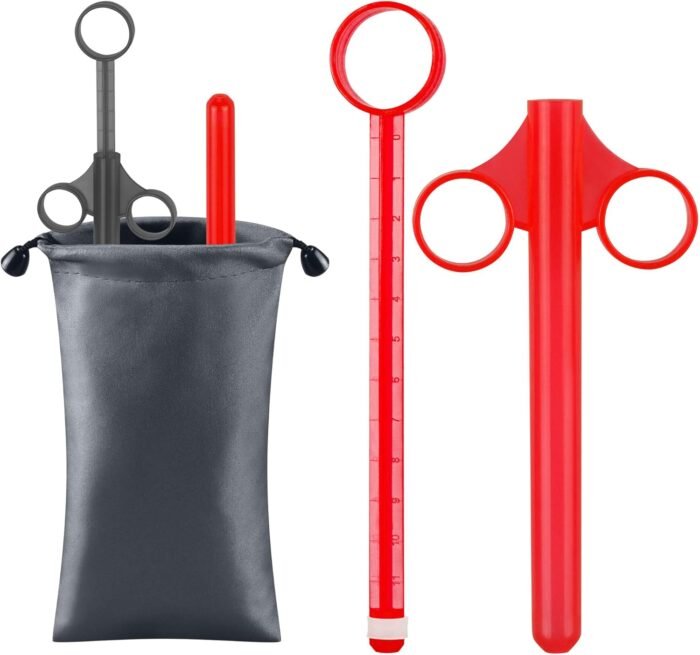 [2Pack+Storage Bag] Lube Applicator Syringe with 10ml Precise Scales, 6.5" Anal Lube Shooter with Air-Proof Silicone Cap Reusable Lubricant Tube Applicator for Women, Men & Couples, Black Red