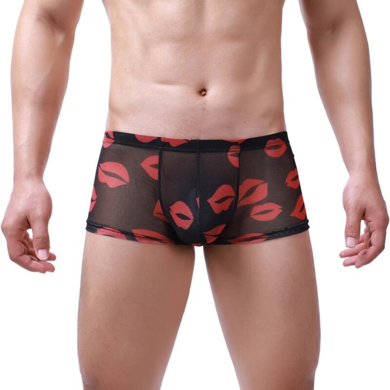 Sexy Mens Lingerie See Through Mesh Mens Lipstick Kisses All Over Boxer Briefs Valentines Day Underwear