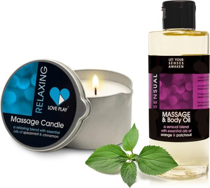 Set of Massage Oil for Sore Muscles and Massage Oil Candle for Pure Relaxation - Vegan Massage and Body Oils for Massage Therapy with Essential Oils 6.76 oz Each