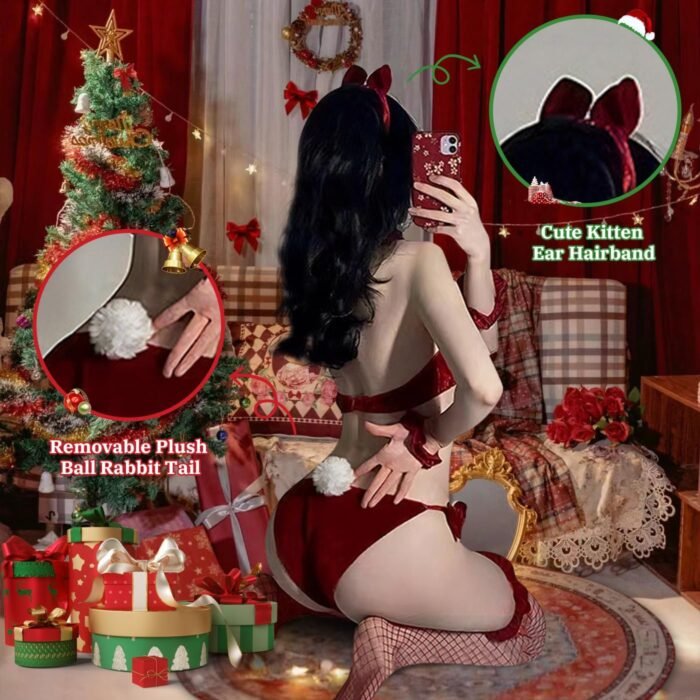 Women Christmas Cosplay Outfit Cute Bow Bra and Panty Set Velvet Sexy Santa Babydoll Lingerie Self Tie Strappy Bikini - Image 4