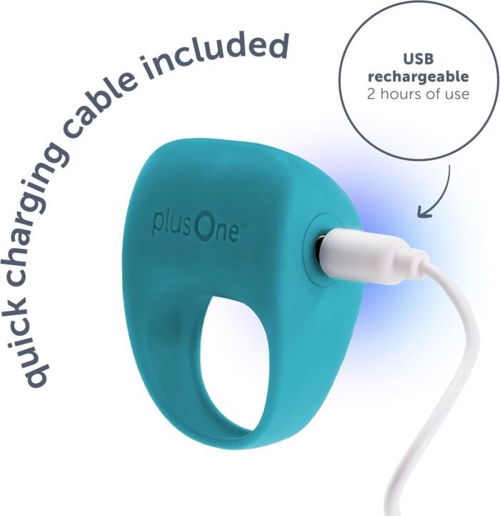 plusOne Vibrating Ring for Couples or Individuals, Body-Safe Silicone, Waterproof, USB Rechargeable, Massager with 10 Vibration Settings, Teal - Image 4