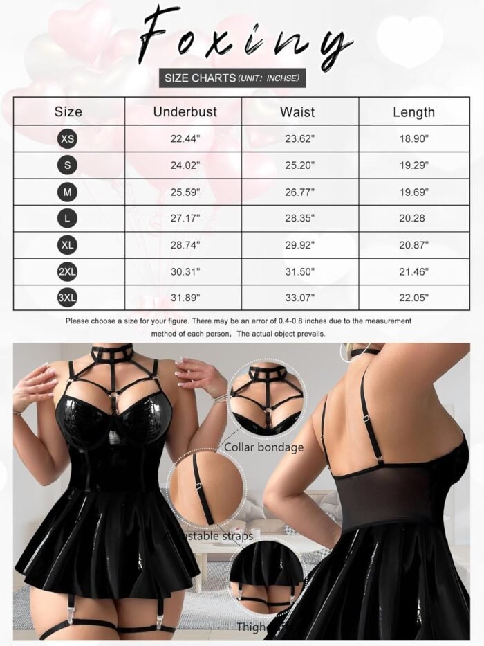 Sexy Strappy Leather Underwire Choker Garter Belt Mini Lingerie Set Dress with Thong 3 Piece - Image 6