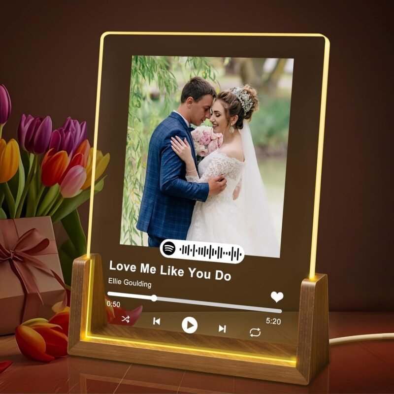 Custom Spotify Plaque for Boyfriend Gifts 2025 Customized LED Walnut Frame with Photos for Couple Boyfriend Girlfriend Customized Valentine‘s Gifts for Him Her Personalized Gifts for Couple Loved Mom