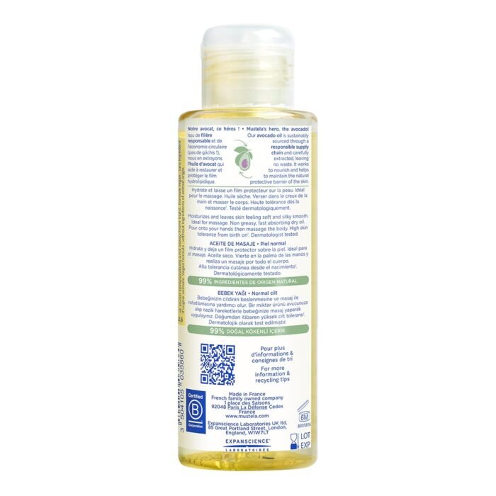 Mustela Baby Oil - Moisturizing Oil for Massage - with Natural Avocado, Pomegranate & Sunflower Oil - 3.38 fl. Oz - Image 2