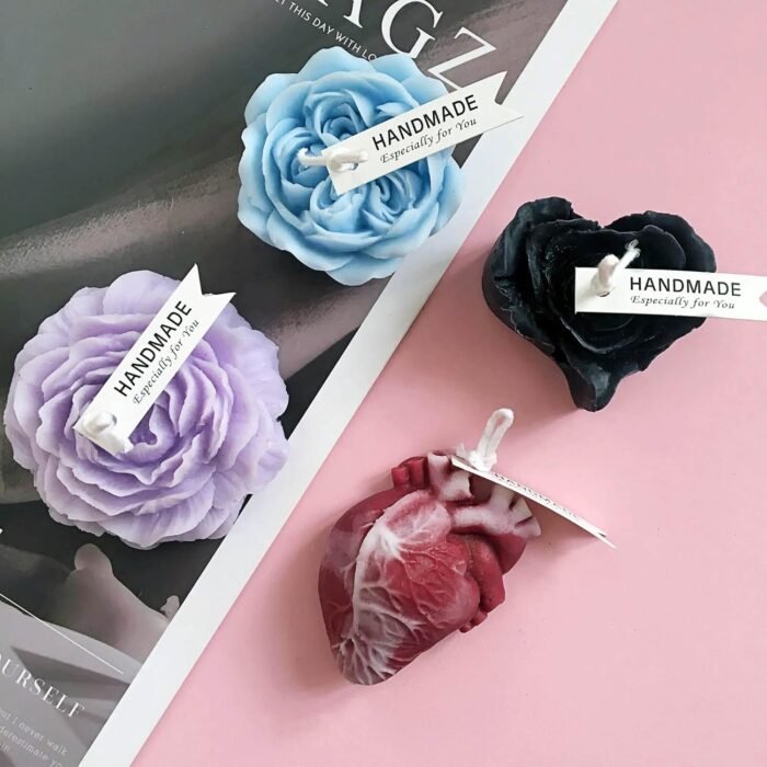 4 Pcs Low Temperature Candles Purple Peony Flower Shaped Black Heart Red Heart Blue Austin Rose Scented Starlight Gilded Candles Adult Low Heat Body Safe Drip Candles Wax Play for Couples - Image 3