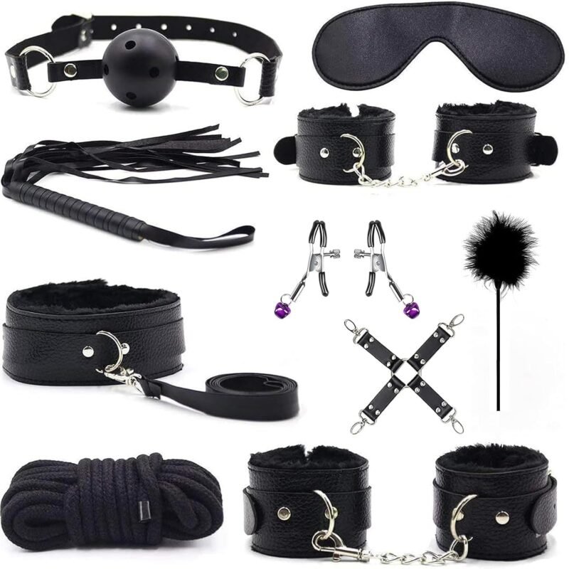 10PCS Black Neck to Wrist Behind Back Restraints Kit Bondage Set Leg Spreader Bar Sex Accessories Furniture Stuff for Adults Couples Things Kinky Bedroom Bondaged Rope Cord & Rope Sweater Yoga OH-58