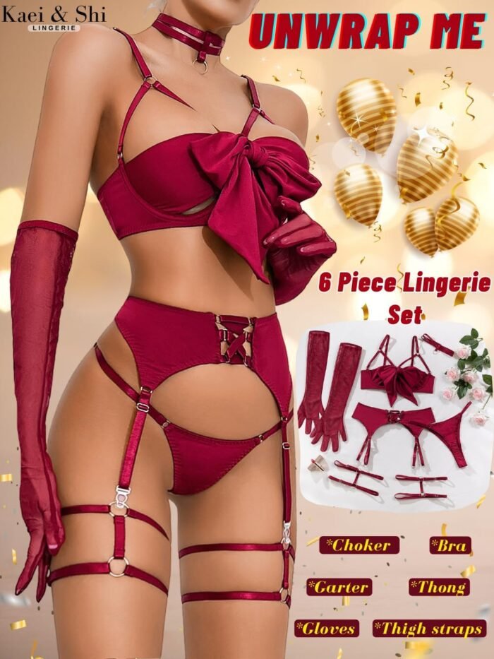 Kaei&Shi Sexy Bow Lingerie for Women,Unwrap Present Bra And Panty Set,Strappy Garter Lingeries Xmas Valentines Birthday Gift - Image 2