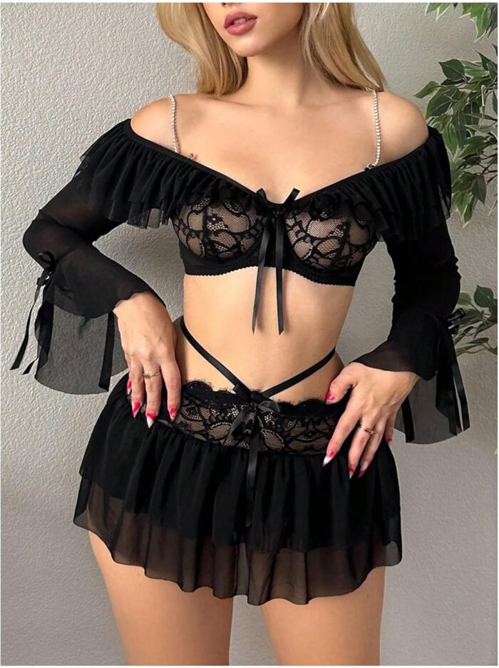 WDIRARA Women's Mesh Floral Lace Lingerie Set Bow Front Long Sleeve Crop Top Sheer Bra and Panty Set with Skirt - Image 2