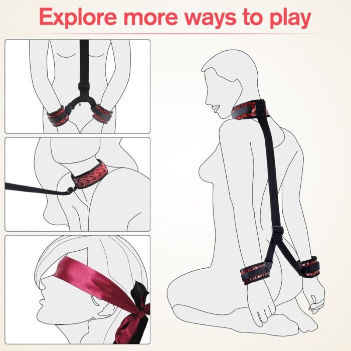 BDSM Sex Bondage Neck to Wrist Restraints Kit, Sex Toys for Couple Adjustable Behind Back Handcuffs with Blindfold Bondage Restraints Set, Bed SM Adult Sex Game Play, Sex Toys for Women Man Beginner - Image 2