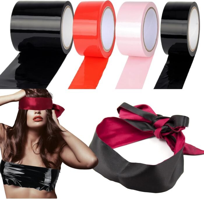 396ft Bondage Tape Electrostatic Sex Tape with Blindfold, 98ft*4Rolls Bondage Restraints Tape for BDSM Games, PVC Tapes for Couples Play (Width: 3.94" x 1Roll + 1.97" x 3Rolls)