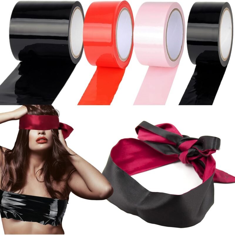 396ft Bondage Tape Electrostatic Sex Tape with Blindfold, 98ft*4Rolls Bondage Restraints Tape for BDSM Games, PVC Tapes for Couples Play (Width: 3.94" x 1Roll + 1.97" x 3Rolls)